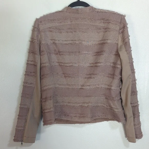 NWOT BCBGMaxAzria Brown Beige Mixed Media Fringe Moto Zipper Jacket Medium - Picture 2 of 7